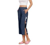 Women Tear Away Side Snap Capri Trousers, Elastic Waist Adaptive Post Surgery Recovery Cropped Pants with Pockets, Easy Open Breakaway Nursing Care 3/4 Length Casual Bottoms Navy