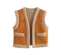 Women Teddy Fleece Patchwork Vest Plush Sleeveless Open Front Waistcoat Warm Lined Cardigan Gilets Sherpa Fluffy Outwear (Brown A, S)