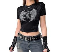 Women Teen Girls Vintage Aesthetic Tees Shirts Cute Graphic Star Print Crop Tops Y2k Fairy Grunge Trendy Clothes (Black#6, S)