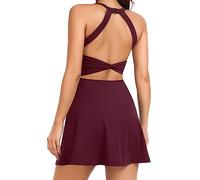 Women Tennis Golf Dress with Built-in Shorts and Bra-Workout Athletic Activewear for Exercise, Burgundy, S