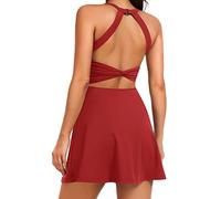 Women Tennis Golf Dress with Built-in Shorts and Bra-Workout Athletic Activewear for Exercise, Red, L