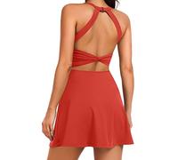 Women Tennis Golf Dress with Built-in Shorts and Bra-Workout Athletic Activewear for Exercise, Rose Red, M