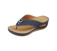 Women Thong Sandals Comfort Wedge Walking Sandals Retro Buckle Flip Flops Solid Color Leather Sandal Casual Beach Sandal Air Cushion Outdoor Shoes Orthopedic Slippers Breathable Sandalen