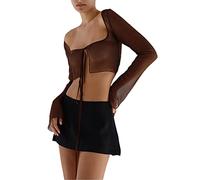 Women Tie Front Cardigan Long Sleeve Sheer Mesh Shrug Tie Top Lightweight Bolero Shrugs for Dresses Cover Ups (Brown, L)