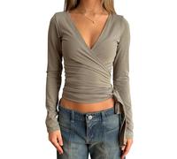 Women Tie Front Cross Wrap Top Sexy Deep V Neck Slim Long Sleeve Yoga T-Shirt Solid Ballet Pilates Blouses Cropped Workout Outfit (B-Green, S)