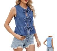 Women Tie Front Denim Tank V Neck Ruffle Hem Sleeveless Peplum Jean Top, 2025 Trendy Casual Waistcoat Y2k Peplum Tank Tops (Blue,M)