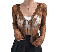 Women Tie Front Lace Crop Top Long Sleeve Sheer Mesh Y2k Floral Lace Shirt Sexy Open Front See Through Blouse Top(D-Brown,S)