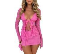 Women Tie Front Lace Crop Top Long Sleeve Sheer Mesh Y2k Floral Lace Shirt Sexy Open Front See Through Blouse Top(C-Pink,S)