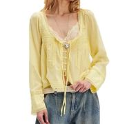 Women Tie Front Long Sleeve Top Lace Trim Button Shirt Square Neck Loose Blouse Going Out Y2k Coquette Clothes, Yellow, S