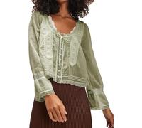 Women Tie Front Long Sleeve Top Lace Trim Button Shirt Square Neck Loose Blouse Going Out Y2k Coquette Clothes, Green, M