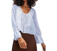 Women Tie Front Long Sleeve Top Lace Trim Button Shirt Square Neck Loose Blouse Going Out Y2k Coquette Clothes, Purplish Blue, M