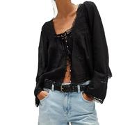 Women Tie Front Long Sleeve Top Lace Trim Button Shirt Square Neck Loose Blouse Going Out Y2k Coquette Clothes, Black, M