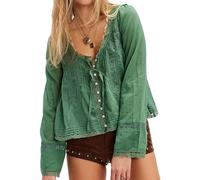 Women Tie Front Long Sleeve Top Lace Trim Button Shirt Square Neck Loose Blouse Going Out Y2k Coquette Clothes, Deep Green, M