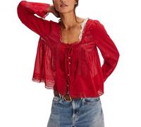 Women Tie Front Long Sleeve Top Lace Trim Button Shirt Square Neck Loose Blouse Going Out Y2k Coquette Clothes, Red, S