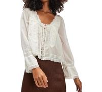 Women Tie Front Long Sleeve Top Lace Trim Button Shirt Square Neck Loose Blouse Going Out Y2k Coquette Clothes, White, M