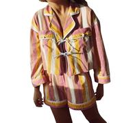 Women Tie Front Pajamas Sets Floral/Stripe Print Long Sleeve Tie Front Shirt Wide Leg Ruffle Shorts Y2k 2 Piece Pj Set (A-Multicolor, M)