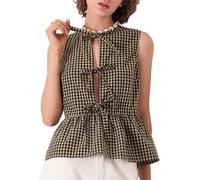 Women Tie Front Peplum Tank Tops Y2K Sleeveless Lace Up Ruffle Hem Babydoll Vest Shirts Cute Summer Going Out Tops, Check Dark Brown, XL