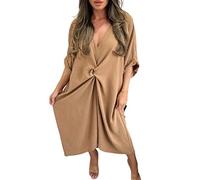 Women Tie Knot Twist V-Neck Oversized Long Soft Touch Summer Smock Midi Dress Ladies Plain Batwing Sleeve Baggy Midi Dress Plus Size 12-22