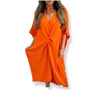 Women Tie Knot Twist V-Neck Oversized Long Soft Touch Summer Smock Midi Dress Ladies Plain Batwing Sleeve Baggy Midi Dress Orange Plus Size 20-22