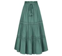 Women Tiered Swing Skirt Renaissance Elastic Drawstring Waist Flared A-Line Maxi Skirt Steampunk High Waist Fashion Skirts-Viridian-XL