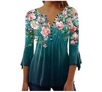 Women Tops 3/4 Length Sleeve V Neck Buttons Up Tunic Blouses Elegant Vintage Floral Printing Blouse Casual Longine Swing Henley T-Shirt Casual Pullover Tops UK Size