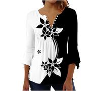 Women Tops 3/4 Length Sleeve V Neck Buttons Up Tunic Blouses Elegant Vintage Floral Printing Blouse Casual Longine Swing Henley T-Shirt Casual Pullover Tops UK Size