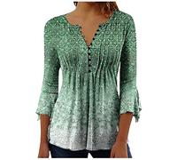 Women Tops 3/4 Length Sleeve V Neck Buttons Up Tunic Blouses Elegant Vintage Floral Printing Blouse Casual Longine Swing Henley T-Shirt Casual Pullover Tops UK Size
