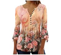 Women Tops 3/4 Length Sleeve V Neck Buttons Up Tunic Blouses Elegant Vintage Floral Printing Blouse Casual Longine Swing Henley T-Shirt Casual Pullover Tops UK Size