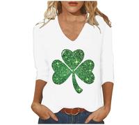 Women Tops 3/4 Sleeve Tops for Women V Neck St. Patrick's Day T Shirts Lucky Shamrock Pullover Summer Casual Loose Fit Blouses Fashion Y2K Tee Green Tunic