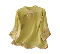 Women Tops 3/4 Sleeve Vintage Ethnic Embroidery Qipao Shirts Sale Long Sleeve Mandarin Collar Cotton Linen Casual Frog Button Chinese Traditional Martial Arts Kung Fu Tai Chi Tang Suit Shirt Green