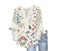 Women Tops Blouses Ruffle 3/4 Sleeve Activewear Tshirts Women UK V Neck Button Up Pullover Floral Printing Loose Tees Tunic Leopard Print Patchwork Plus Size Clothing