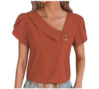 Women Tops Clearance Summer V-Neck Short Sleeve Tees Shirts Button Diagonal Collar Tunic Blouse Shirts Fashion Solid Slim Casual Blouse Elegant Shirts for Work Orange