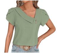 Women Tops Clearance Summer V-Neck Short Sleeve Tees Shirts Button Diagonal Collar Tunic Blouse Shirts Fashion Solid Slim Casual Blouse Elegant Shirts for Work Green