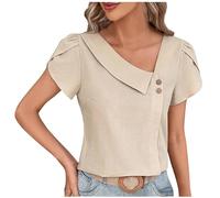 Women Tops Clearance Summer V-Neck Short Sleeve Tees Shirts Button Diagonal Collar Tunic Blouse Shirts Fashion Solid Slim Casual Blouse Elegant Shirts for Work Beige
