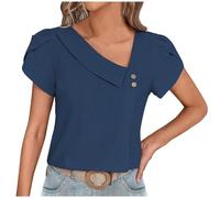 Women Tops Clearance Summer V-Neck Short Sleeve Tees Shirts Button Diagonal Collar Tunic Blouse Shirts Fashion Solid Slim Casual Blouse Elegant Shirts for Work Blue