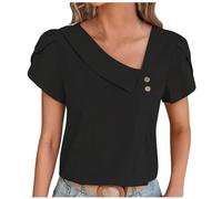 Women Tops Clearance Summer V-Neck Short Sleeve Tees Shirts Button Diagonal Collar Tunic Blouse Shirts Fashion Solid Slim Casual Blouse Elegant Shirts for Work Black