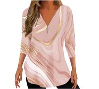 Women Tops Clearance V Neck Half Zipper Blouse 3/4 Sleeve Sequin Print Tunic Tops Office Work Tees Shirts Going Out Pullover Tops Loose Plus Size T Shirts Classic Blouse UK Size S-XXL