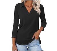 Women Tops Going Out 3/4 Sleeve V Neck Basic Work Business Tees Shirt Summer Causal Fashion Solid Loose Fit Blouses Black S