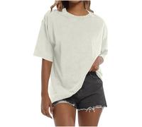 Women Tops Heavy Cotton Tops Basic Short Sleeve Round Neck Tees Washed Oversized Loose Fit Womens Tshirts Cotton Walking Holiday Travel Plus Size Cream