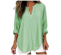 Women Tops,Ladies Casual Cotton Tunic Linen Tops Notch Neck 3/4 Sleeve Long Sleeve Drop Shoulder Longline Solid Chic Blouses Swing Top Loose Blouse T Shirts Comfortable Plus Size Tops Clearance Green