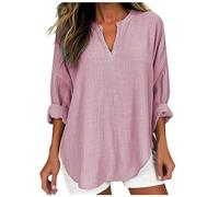 Women Tops,Ladies Casual Cotton Tunic Linen Tops Notch Neck 3/4 Sleeve Long Sleeve Drop Shoulder Longline Solid Chic Blouses Swing Top Loose Blouse T Shirts Comfortable Plus Size Tops Clearance Pink