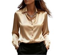 Women Tops Long Sleeve Satin Ruched Cuff Ladies Blouse Blouses for Women UK Executive Office Work Tops V Neck Slim Relaxed Fit Dressy Casual Shirts B-Champagne, M