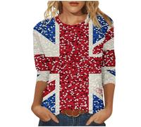 Women Tops Union Jack Tshirt 3/4 Sleeve Summer Top Elegant Women T Shirts Crew Neck England Flag Print Tees Tunic Trendy Blouse Work Blouse Activewear Pullover Casual Plus Size Summer Outfits