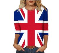 Women Tops Union Jack Tshirt 3/4 Sleeve Summer Top Elegant Women T Shirts Crew Neck England Flag Print Tees Tunic Trendy Blouse Work Blouse Activewear Pullover Casual Plus Size Summer Outfits