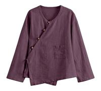 Women Tops V Neck Linen Shirts with Pocket Long Sleeve Crossed Collar Blouses Plain Colour Frog Button Shirt Vintage Chinese Style Slant Front Tops Kung Fu Tai Chi Tang Suit Shirt