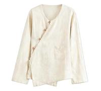 Women Tops V Neck Linen Shirts with Pocket Long Sleeve Crossed Collar Blouses Plain Colour Frog Button Shirt Vintage Chinese Style Slant Front Tops Kung Fu Tai Chi Tang Suit Shirt