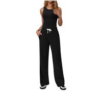 Women Tracksuit Set 2 Piece Outfits Loungewear Slim Sleeveless Crop Tank Tops and Elastic High Waisted Trousers Stretchy Yoga Lounge Sets Gym Workout Outftis Exercise Activewear Jogger Set Black