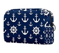 Women Travel Makeup Bag Anchors and Steering Wheels on Navy Blue Background Portable Cosmetic Bag Pencil Case Makeup Toiletry Bag for Teenage Girls