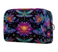 Women Travel Makeup Bag Colorful Lotus Flower Flying Fantasy Dragonflies Vintage Style Portable Cosmetic Bag Pencil Case Makeup Toiletry Bag for Teenage Girls
