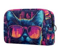 Women Travel Makeup Bag Happy Kitten Faces with Sunglasses Portable Cosmetic Bag Pencil Case Makeup Toiletry Bag for Teenage Girls